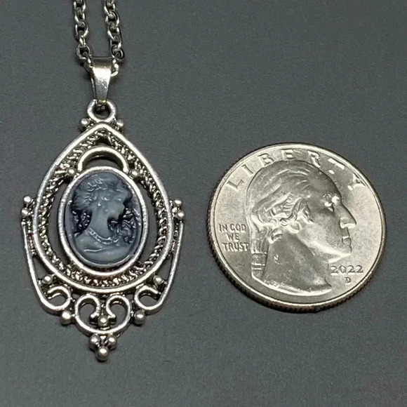 Grey Gray Lady Portrait Vintage Style Victorian Cameo Necklace - Picture 3 of 3